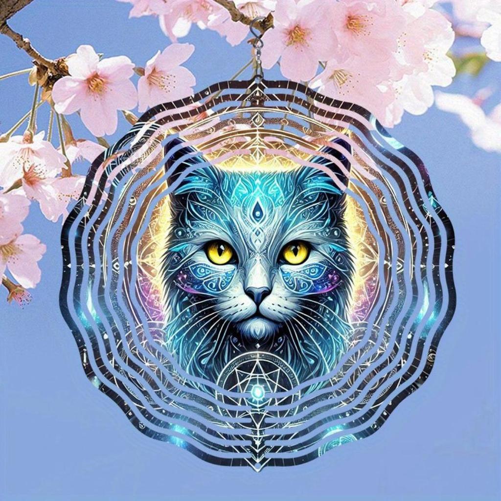 2D Metal Wind Spinner Mysterious Magic Cat Design Outdoor Garden Balcony Decor Dynamic Wind Chime for Autumn Halloween Holiday Gift