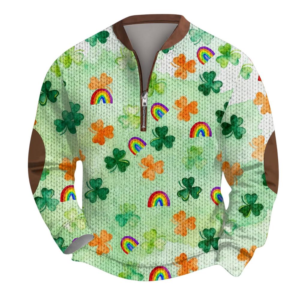 Mens Christmas Sweater Zip Up Sweatshirts Vintage Knit Graphic Sweatshirt St. Patrick's Day Stand Collar Pullover