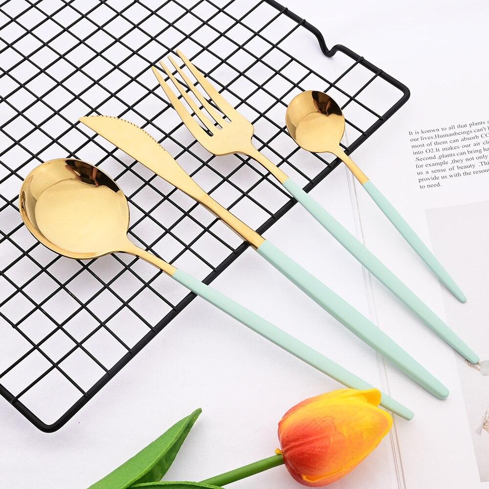 6Set/24Pcs Haze Blue Dinnerware Cutlery Set Western Stainless Steel Gold Tableware Knife Fork Spoon Flatware Kitchen Silverware