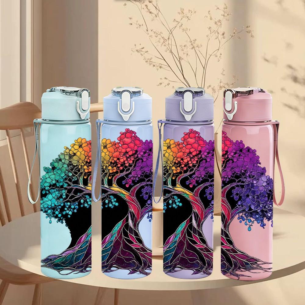 1PC Rainbow Root Tree Nature Art Print 750ml Color Plastic Sports Water Bottle Leakproof Flip Straw Lid Suitable for Sports Office Home Use
