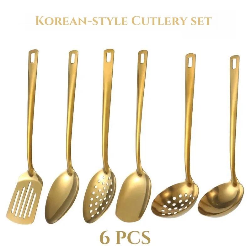 6pcs Korean-style Hot Pot Cutlery Set Stainless Steel Dinnerware Set Home Creative Korean Cutlery Golden Spoons Kitchenware Set
