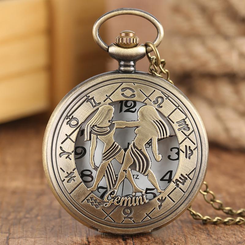 12 Constellation Astrology Zodiac Retro Pocket Watch Bronze Necklace Pendant Mens Women Hollow Flip Cover Quartz Christmas Gifts