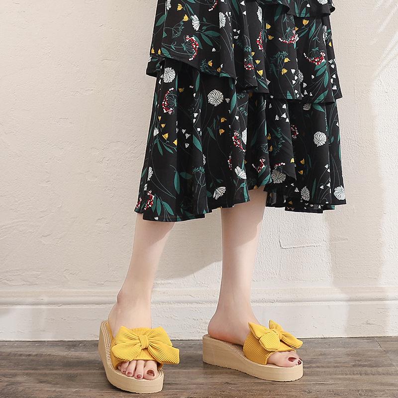 Damen Sommer Keilabsatz Sandalen mit Schleife - Lässige Strohsohle Strand Flip-Flops