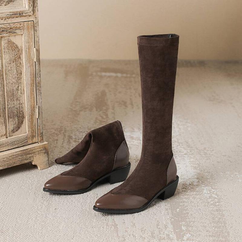 Autumn and winter middle heel Martin boots women's rubber sole large size women's boots solid color pointed square heel suede leather boots high bo