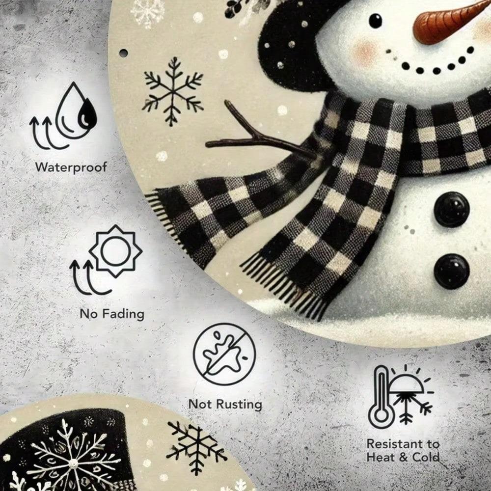 Christmas Snowman Metal Wall Art Rust Proof Decor 7.8 Inch Round Sign