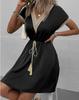 Solid Color Short Sleeved Lace V-neck Waist Cinched Dress
