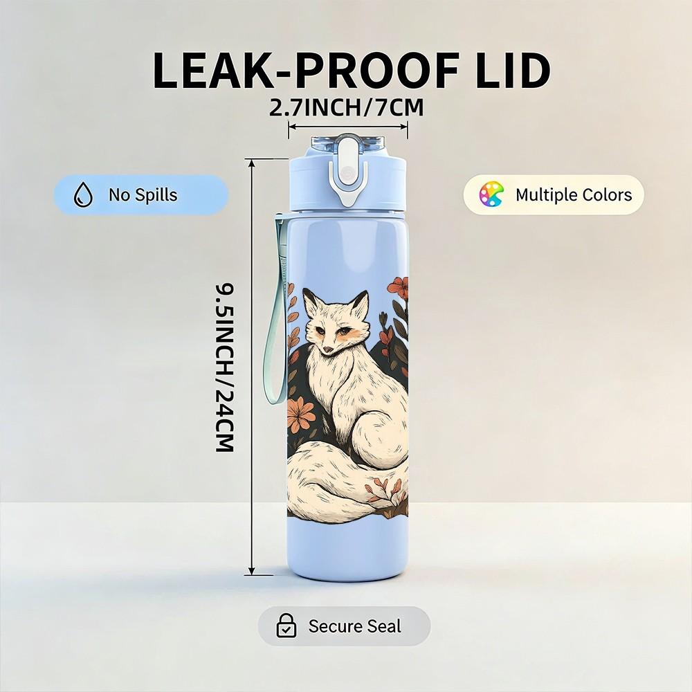1PC Floral Fox Portrait Art 750ml Color Plastic Sports Water Bottle Leakproof Flip Straw Lid Suitable for Sports Office Home Use