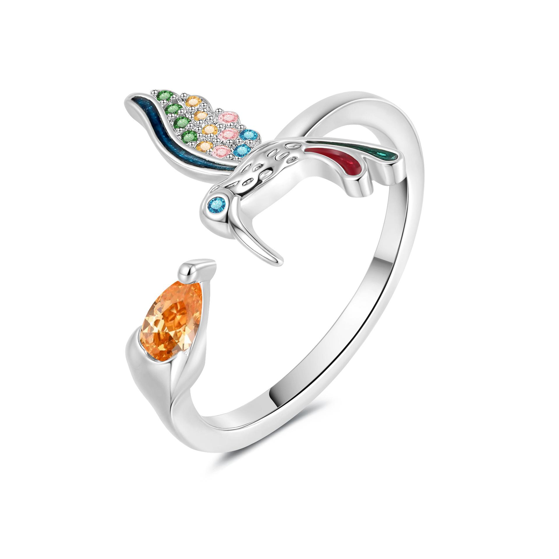 2026 Adjustable Hummingbird Ring Women s Fashion Simple Inlaid Color Zircon Animal Ring Resizable