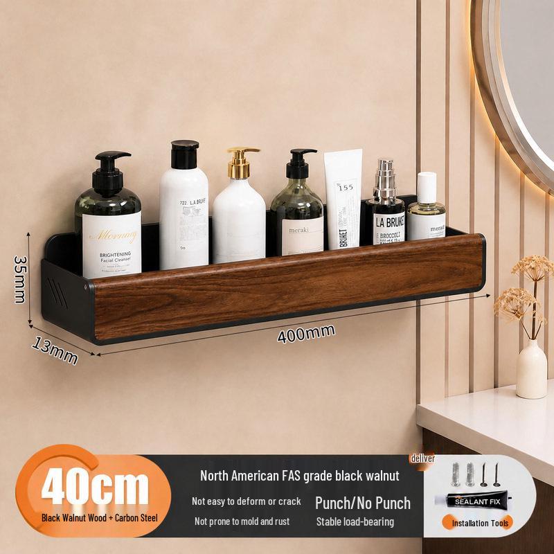 Walnut Corner Bathroom Shelf for Cosmetics, No-Drill Triangle Stand.