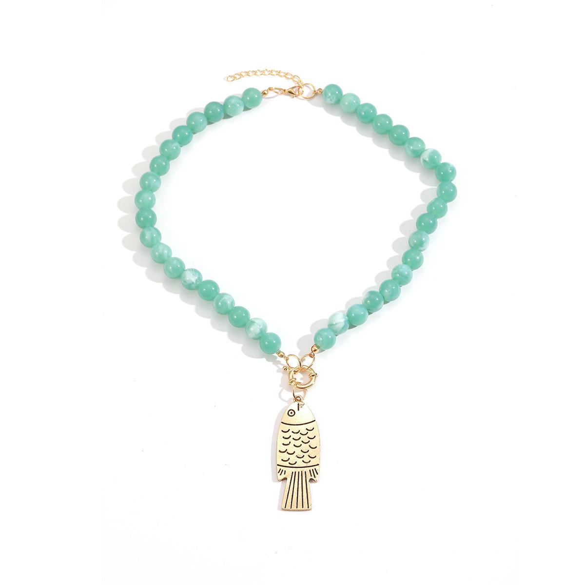 Handmade beaded fish pendant necklace, Bohemian style resin vacation style collarbone chain