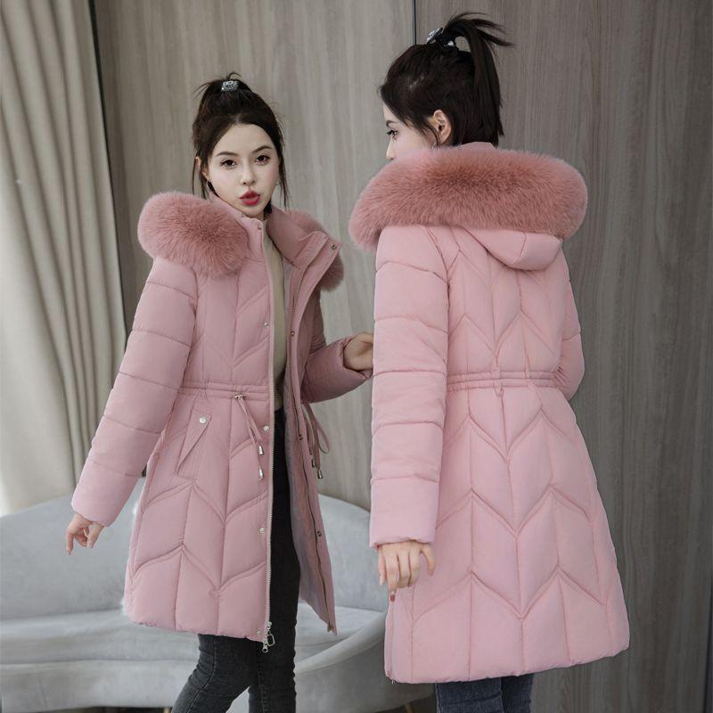 Autumn Winter Women Parkas Korean Fashion Solid Fur Collar Hooded Pockets Zipper Corset Thicken Loog Cardigan Down Coats Tops