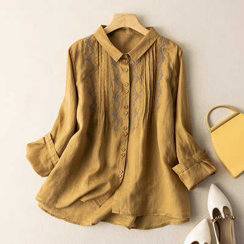 Spring Autumn Embroidery Cotton Linen Blouse Women Literary Vintage Long Sleeve Casual Shirt Cardigan Top