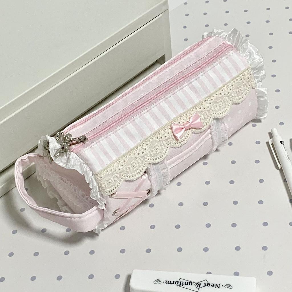 Pink Girl Cute Lace Pencil Case Student Large Capacity Desktop Storage Stationery Pen Bag Cute Girl Makeup Bag Gift