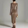 European and American Women's Clothing, Casual Velvet Sexy New Long-sleeved, Thin Pleated Long Split Hip-wrapped Dress