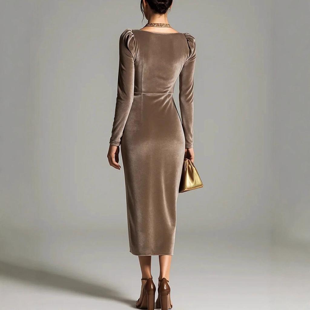 European and American Women's Clothing, Casual Velvet Sexy New Long-sleeved, Thin Pleated Long Split Hip-wrapped Dress
