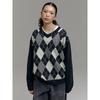 Saendeusaundeu (Unisex) Argyle Pattern V-Neck Sweater Gray