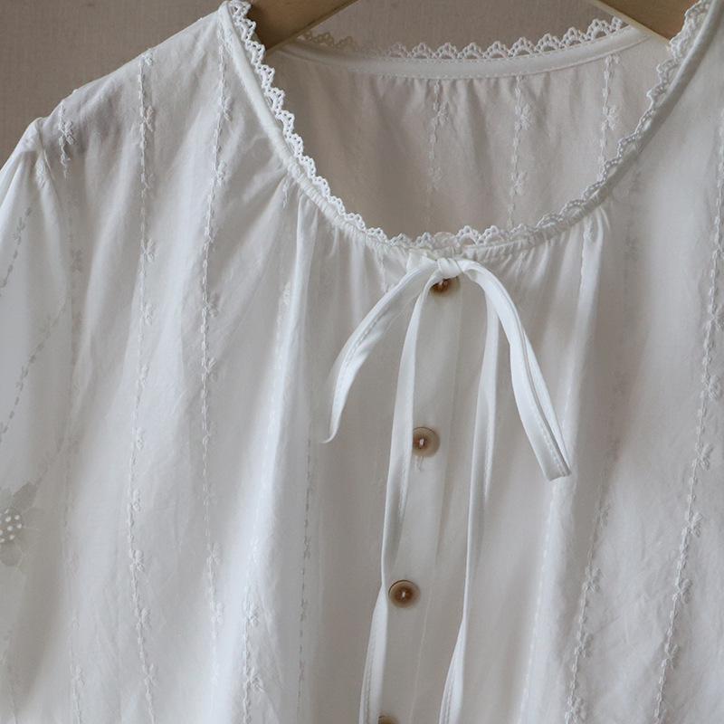 2025 Summer Korean Round Neck Tie-Up Embroidered Cutout Short Sleeve Women's Top