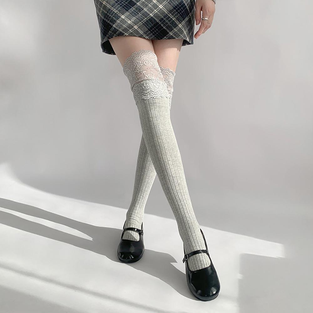

New Cotton Knee-high Socks Keep Warm Lace Thigh High Stockings Solid Color Balletcore Thigh High Socks Autumn Winter 35-39 серый