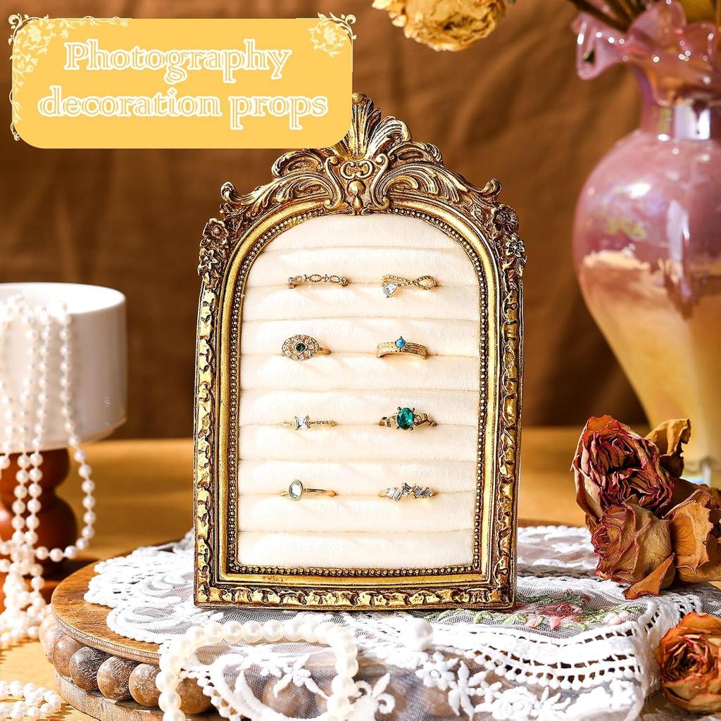 1PC Vintage Ring Holder Arched Gold Ring Wedding Display Suede Jewelry Box Holder Photo Frame Earrings Tray Anniversary Engagement Baroque Storage