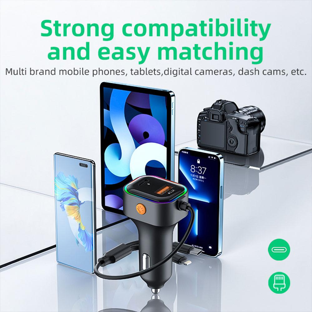 45W USB Car Charger With 2 In 1 Type-C Lightning Fast Charging Cable Vehicle Adapter For iPhone Samsung Huawei VIVO OPPO