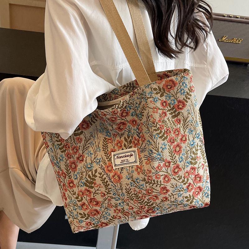 Grand Tote d'Épaule en Toile Florale 2025 - Sac à Déjeuner Créatif, Mignon & Isolé