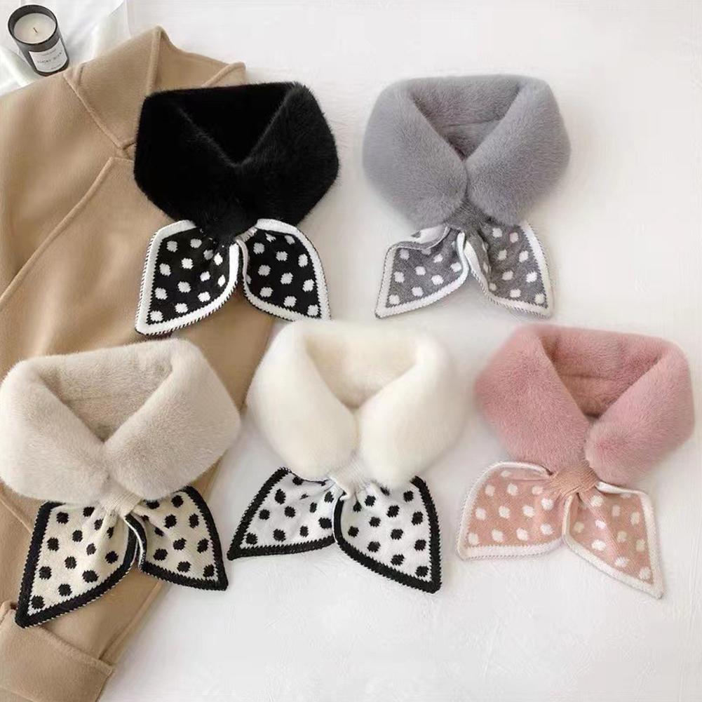 Soft Faux Fur Scarf Dots Knitted Splice Plush Cross Scarf Winter Warm Furry Fur Collar Cross Neck Sleeve Scarves For Women Girls