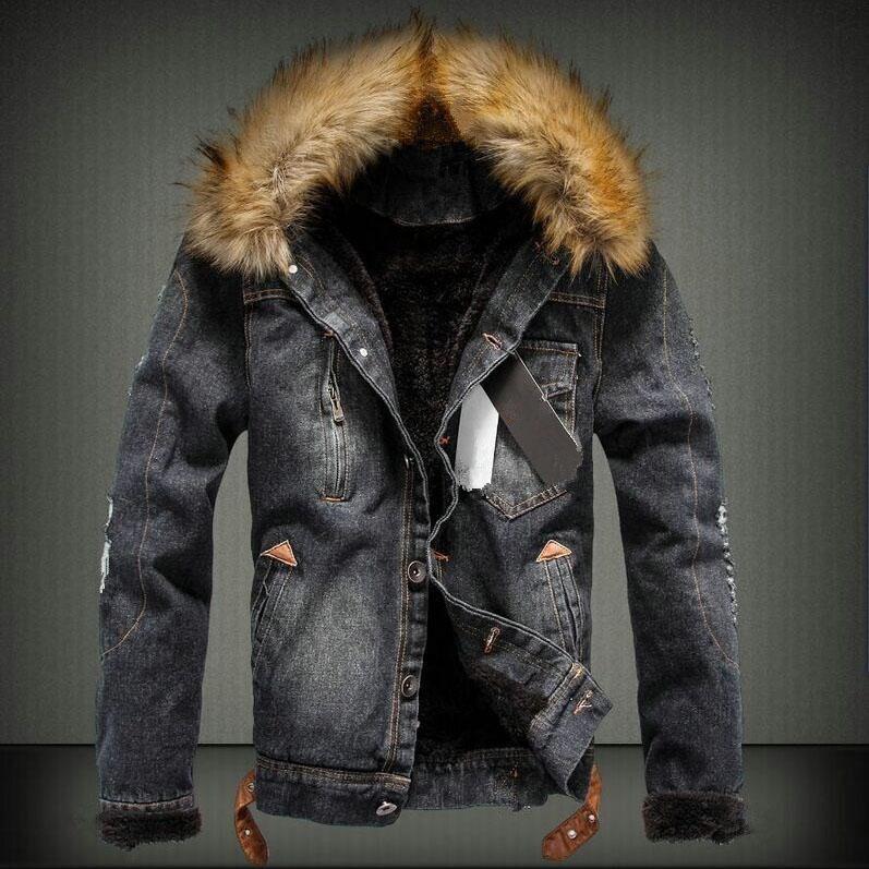 

Winter Thicken Warm Men s Denim Jakcet Casual Jacket Coat Fleece Vintage Oversized Fur Collar Men Jackets Clothing XS чорний
