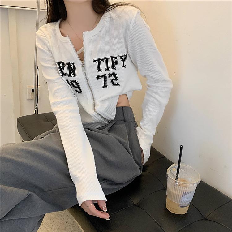 Women's Letter Print Zip-Up Cardigan: New Loose Slimming Long Sleeve Hot Girl Top