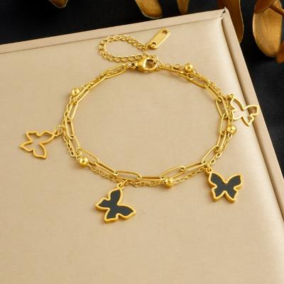 Gold Plated Double Layer Butterfly Bracelet, Stainless Steel Paperclip Chain Wrist Jewelry, Waterproof Dainty Bracelet for Women Gift