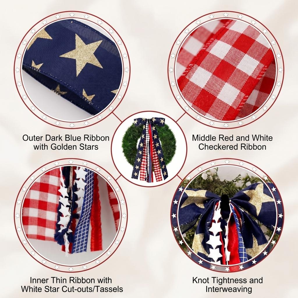 Patriotic Star and Plaid Ribbon Bow for Wreaths Door Wall Decor Indoor Outdoor Decorative Hanging Accessory for Festivals Parties Events
