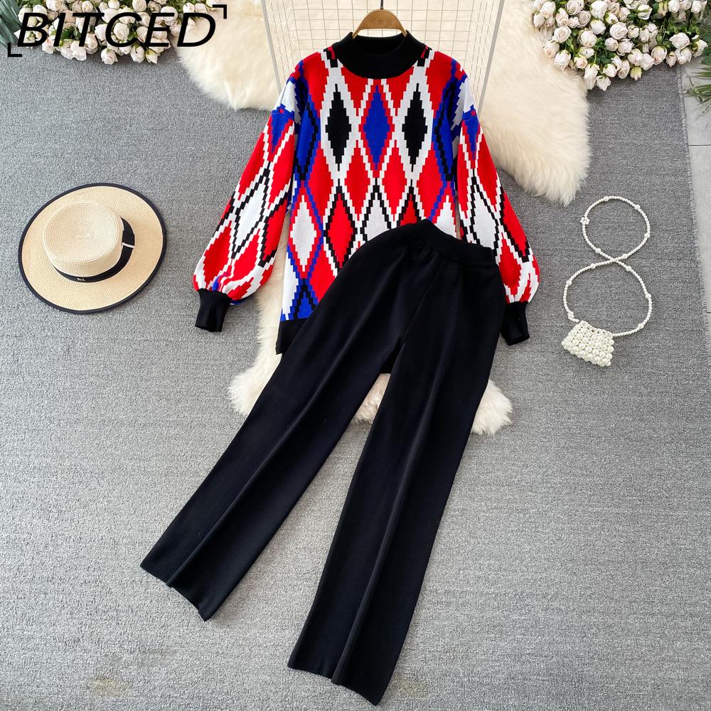 BITCED Conjunto de Moda para Mujer Otoño Invierno Suéter Holgado de Manga Larga a Cuadros Conjunto de Dos Piezas Pantalones de Punto Rectos de Pierna Ancha Adelgazantes de Cintura Alta