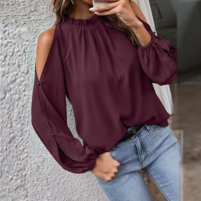 Herbst und Winter Damen Reine Farbe Lotusblatt Rundhals Langarm Plissee Schulterfrei Mode Damenoberteil