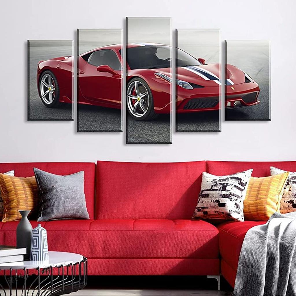Unframed 5 Pcs Black and White Red Sports Car Paintings Canvas Pictures Wall Art Posters for Living Room Office Home Decor No Framed