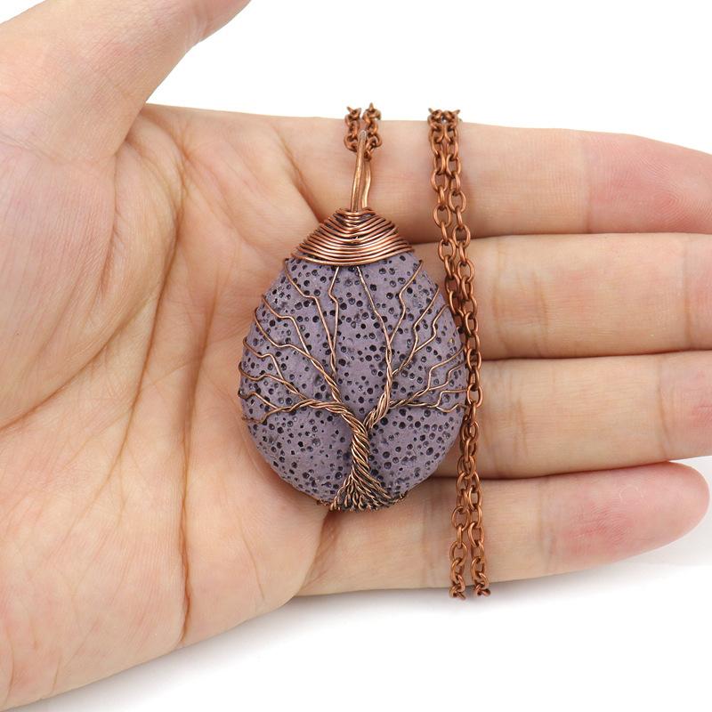 Handmade Copper Wire Winding Multi-Colored Volcanic Stone Water Drop Tree Of Life Pendant Necklace N529