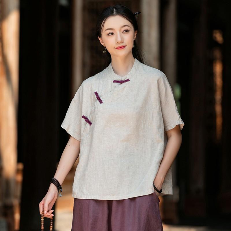 

Johnature Винтажные женские рубашки однотонные с воротником-стойкой, с коротким рукавом, на пуговицах, летние, в китайском стиле, женские блузки One Size бежевый