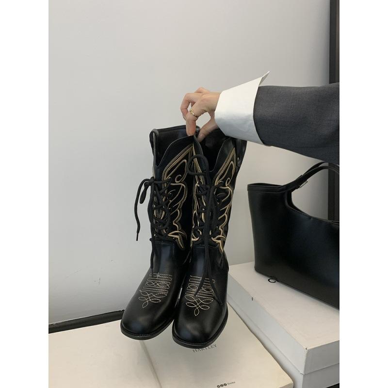 French retro strap embroidered V-mouth western cowboy boots medium tube Martin boots desert wind travel thick heel knight boots