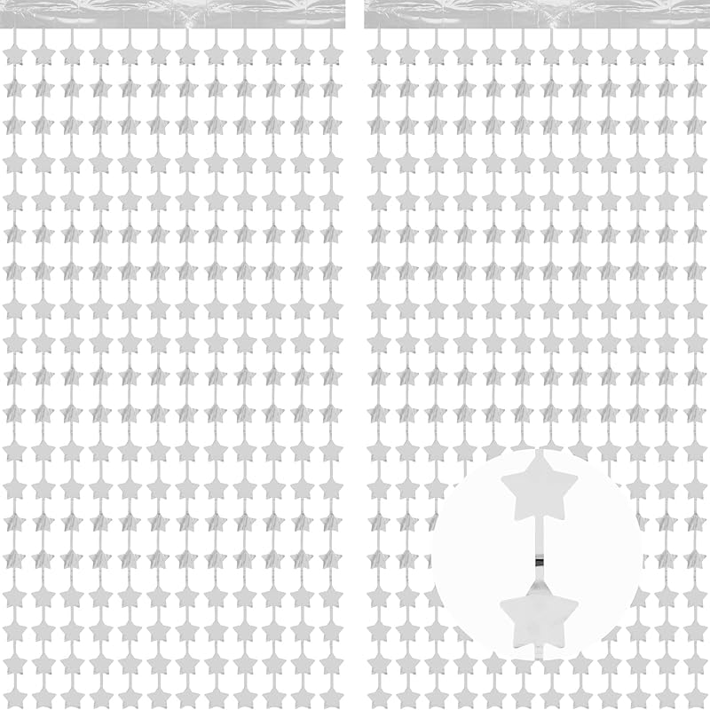 BEISHIDA 2 Pcs Silver Stars Door Streamers Stars Foil Fringe Curtain Streamers Backdrop Birthday Wall Background for Birthday Children's Day Baby