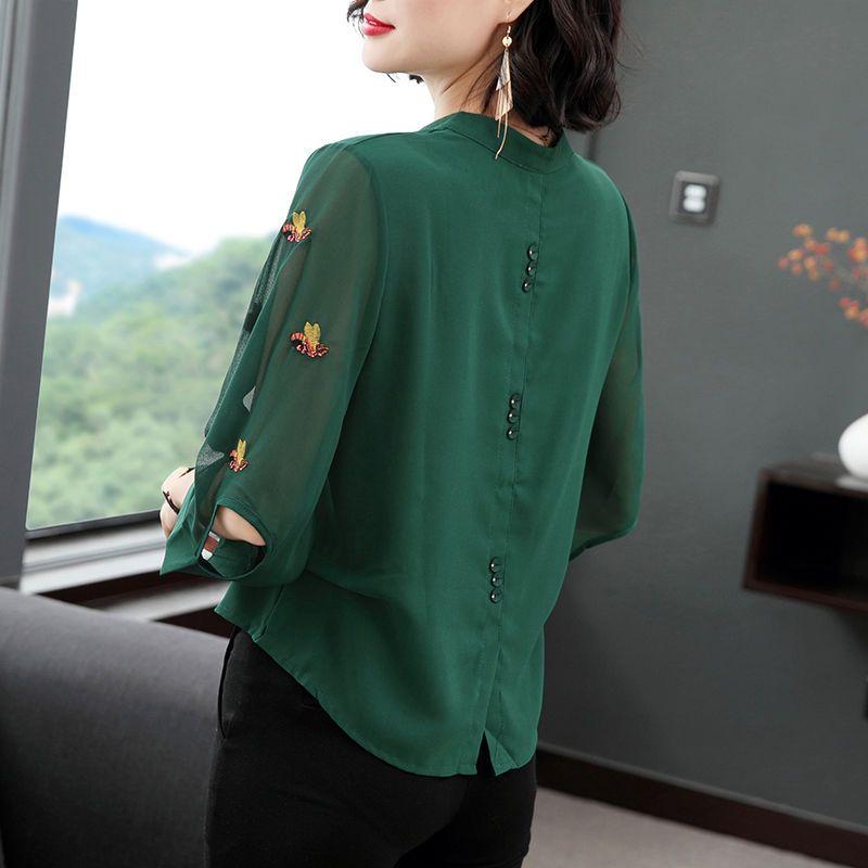 Damen Lässiger Pullover im koreanischen Stil mit Polokragen Locker Bestickte Chiffonbluse