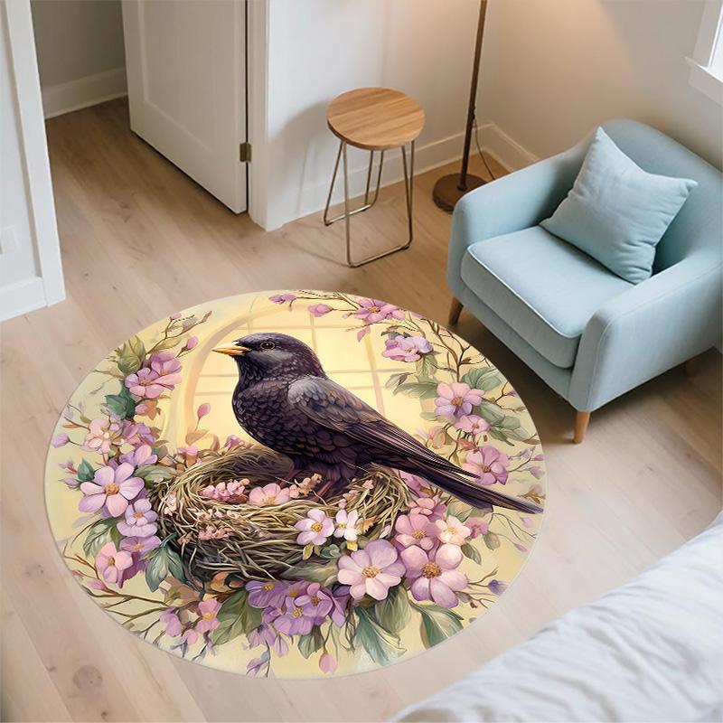 Flower Bird,Round Area Rug,Carpet Rug for Living Room Bedroom Sofa Playroom Decor,Non-slip Floor Mat