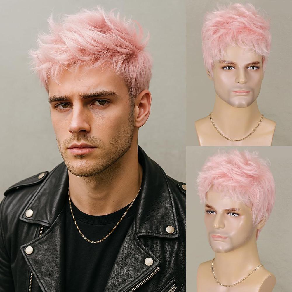 Synthetic Pink Pixie Cut Wig Natural Halloween Cosplay Wig for Women Men
