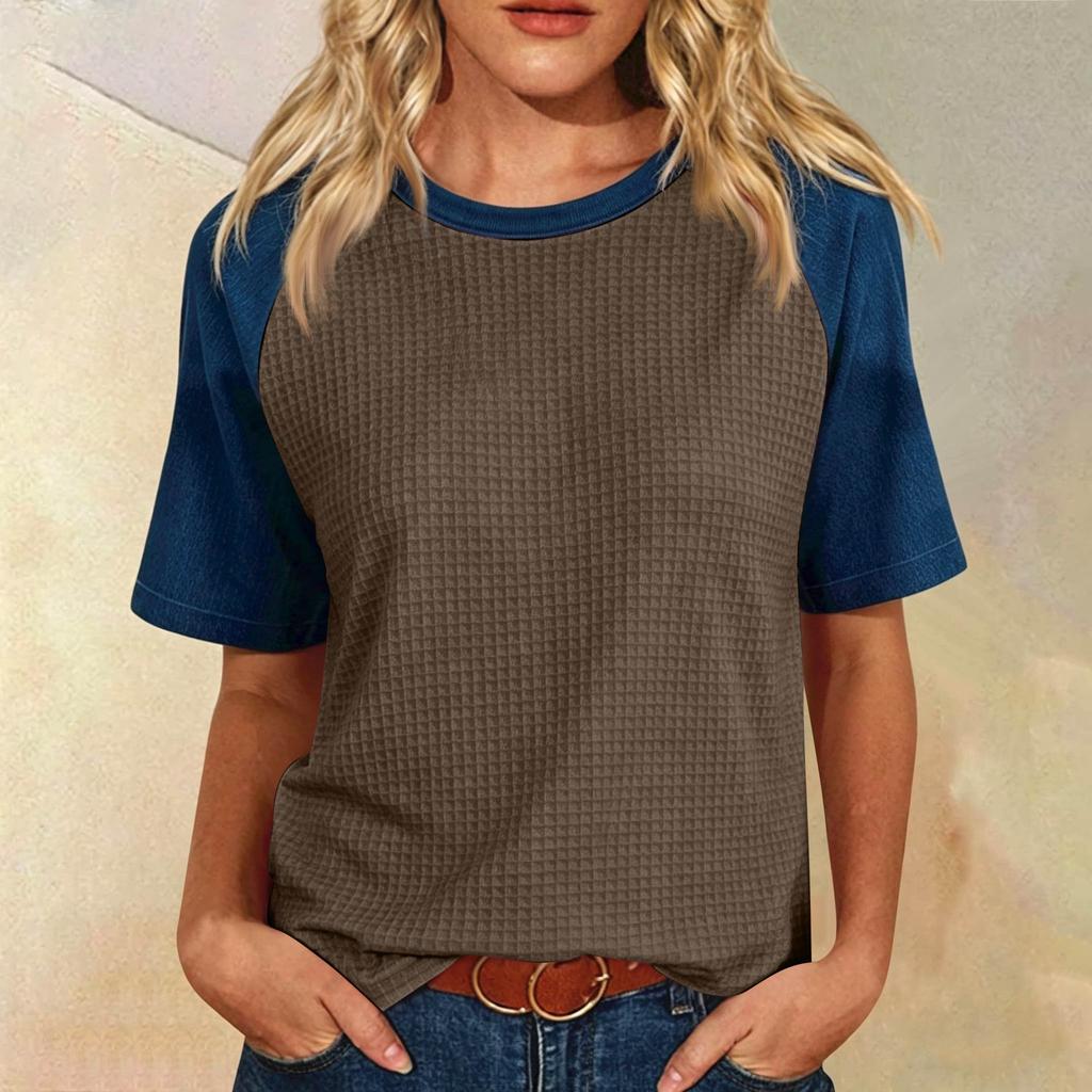 Women’s Casual Vintage Lightweight Plus Size Waffle Knit Raglan Crewneck Top Loose Fit Short Sleeve Pullover Shirt