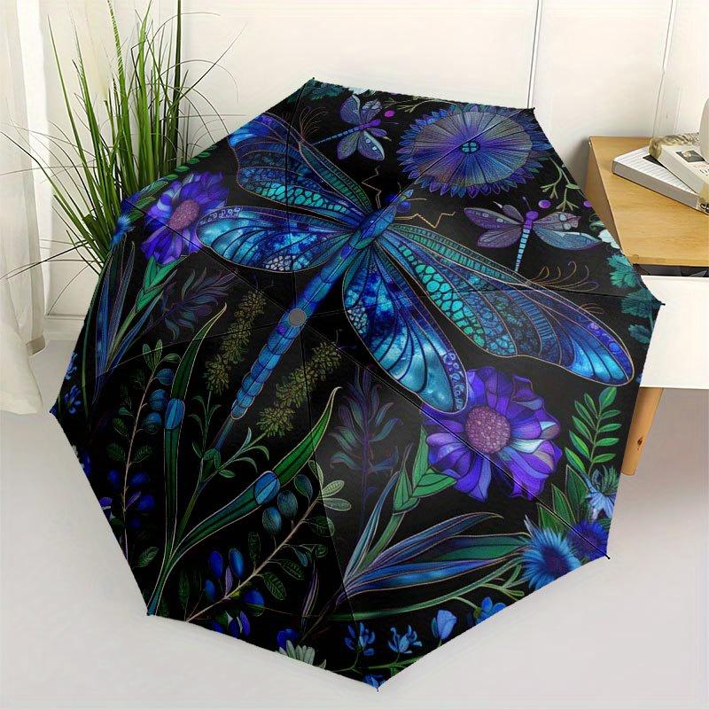 Blue Dragonfly Garden: A Vibrant Circular Art Print Umbrella, Cute Umbrella with Cute Design, Portable 3-Fold Compact Umbrella for Men & Women, Valent