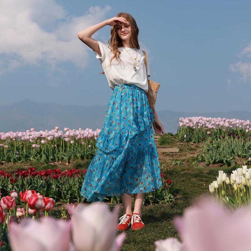 SanCai Summer 2026 High-Waist Floral A-Line Chiffon Skirt