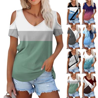 Ladies Summer Fashion Casual  Printed Strapless V-Neck Short Sleeve T-Shirt Top
