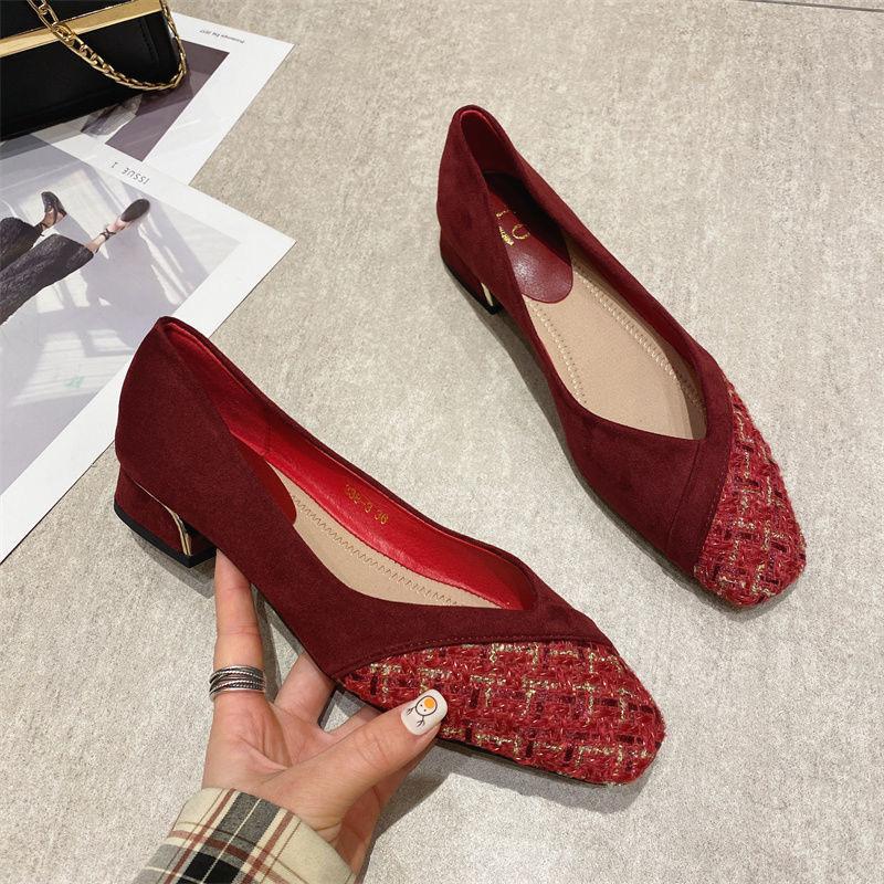 Vår Sommar Kvinnor Höga Klackar Eleganta Dam Pumps Mjukt Tyg Fyrkantig Klack 3.5cm Svart Blå Röd Plus Storlek 42