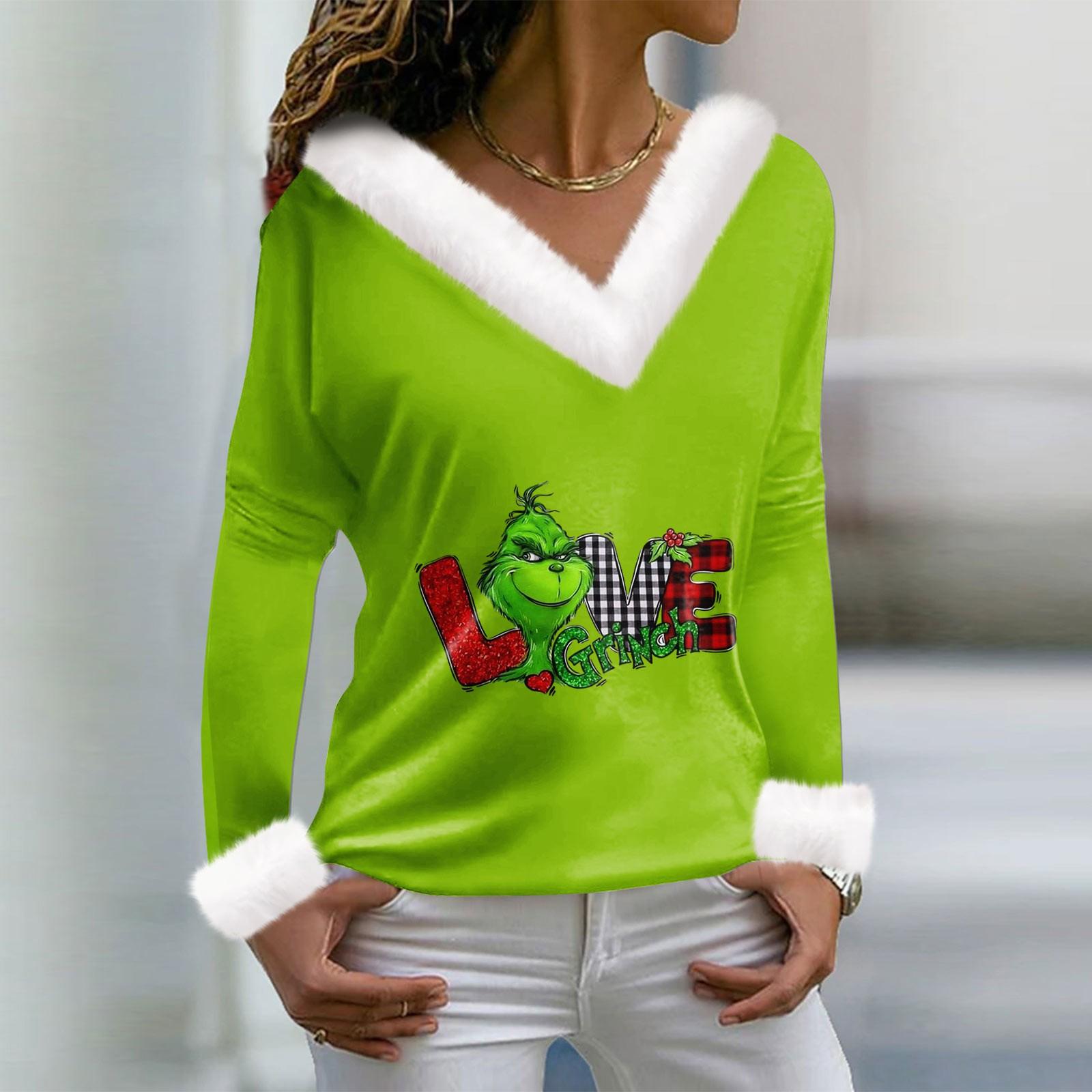 

Женская плюшевая рубашка с v-образным вырезом, рождественская блузка с длинными рукавами и принтом Grinchmas, топ XXXL
