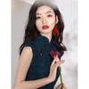 Ultragreen | 1011 New | Navy blue white literary book aroma national style ancient petal collar high-end cheongsam