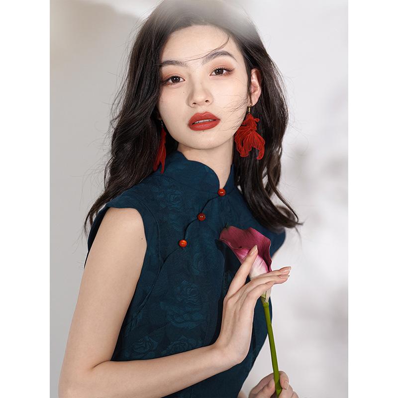 Ultragreen | 1011 New | Navy blue white literary book aroma national style ancient petal collar high-end cheongsam