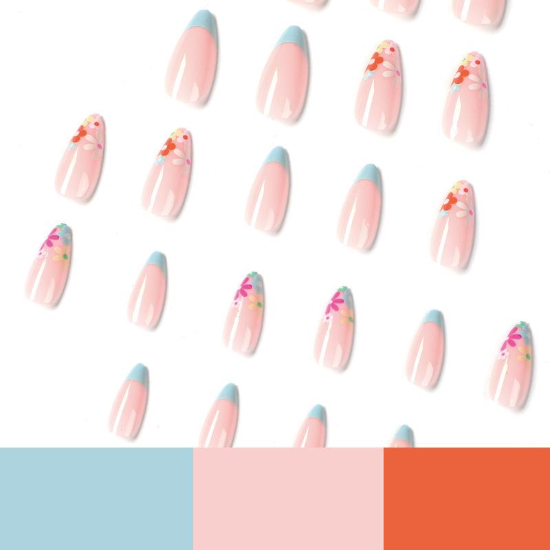 Wearable manicure Wearing manicure French blue edge flower manicure, wearing manicure press on nails