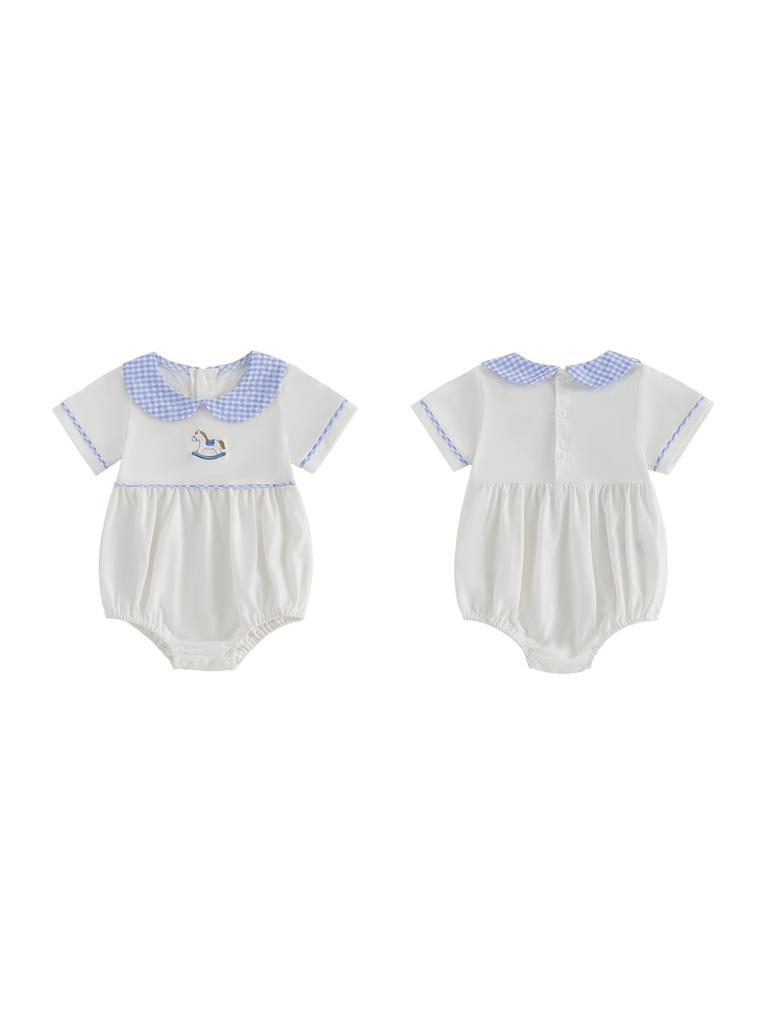 Infant Short Sleeve Jumpsuit with Floral Embroidery and Ruffle Collar for Baby Girls and Boys Summer Romper Outfit